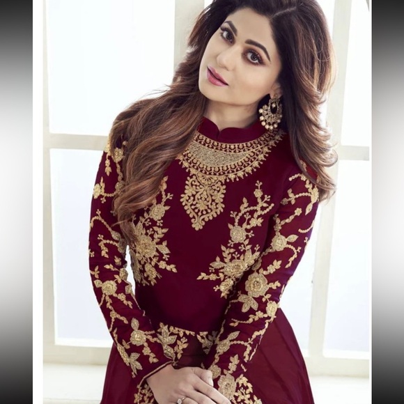 Indian Hatkay Anarkali suit set size 32 XXS maroon and gold with dupatta - Picture 3 of 4